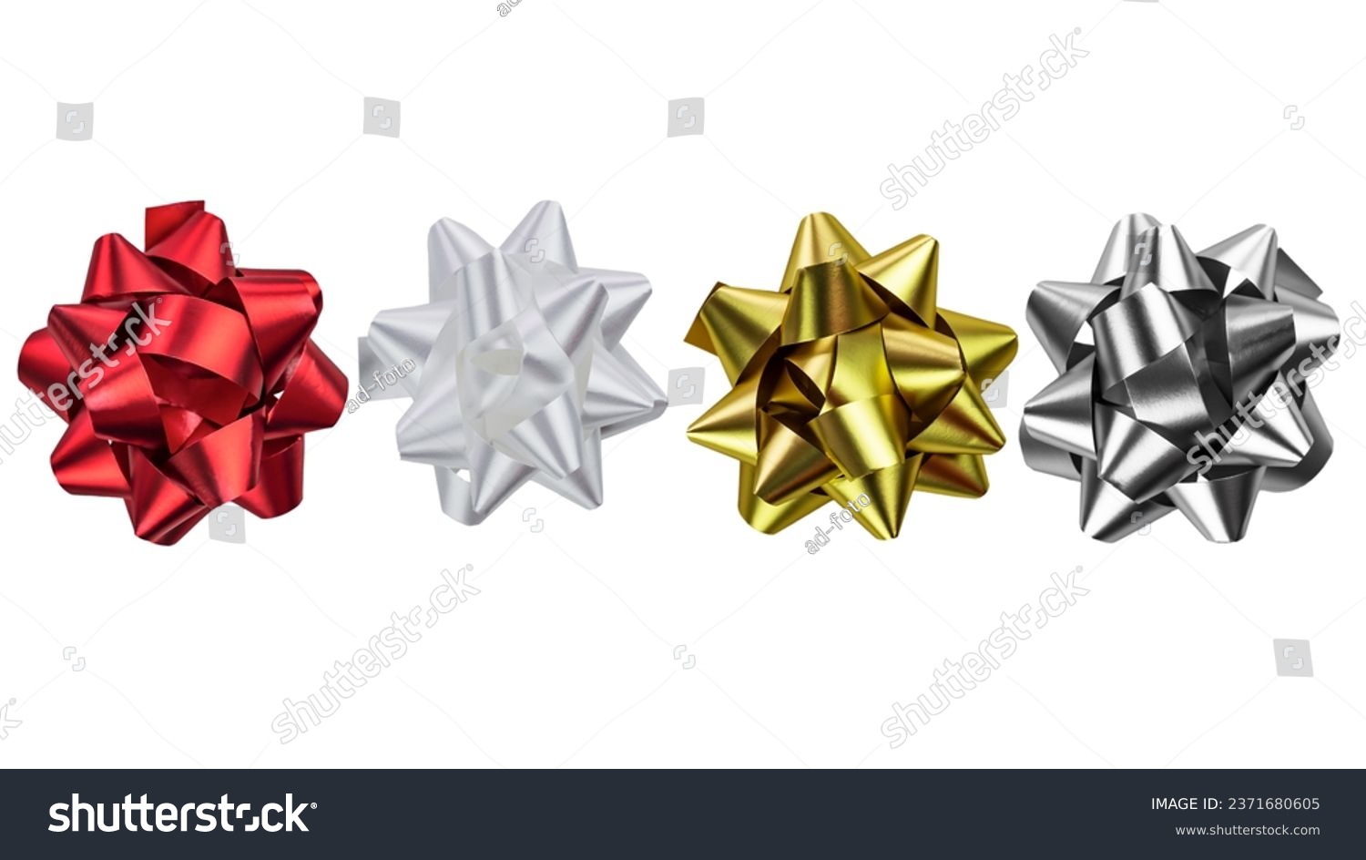 Set of neon foil bows, red, white, gold, silver color metallic with shadow on isolated white background. foil bow, decoration for holiday #2371680605