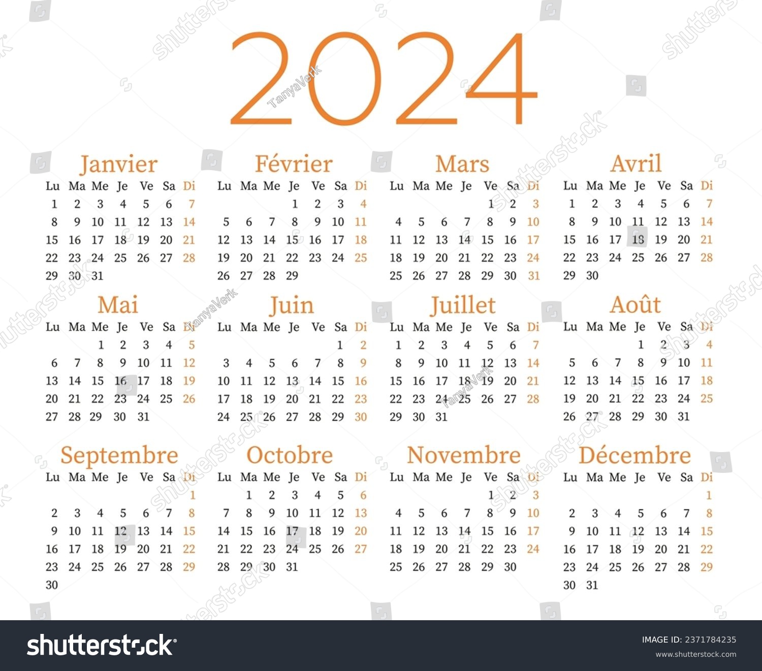 Calendar 2024 in French, week starts on Monday, Royalty Free Stock