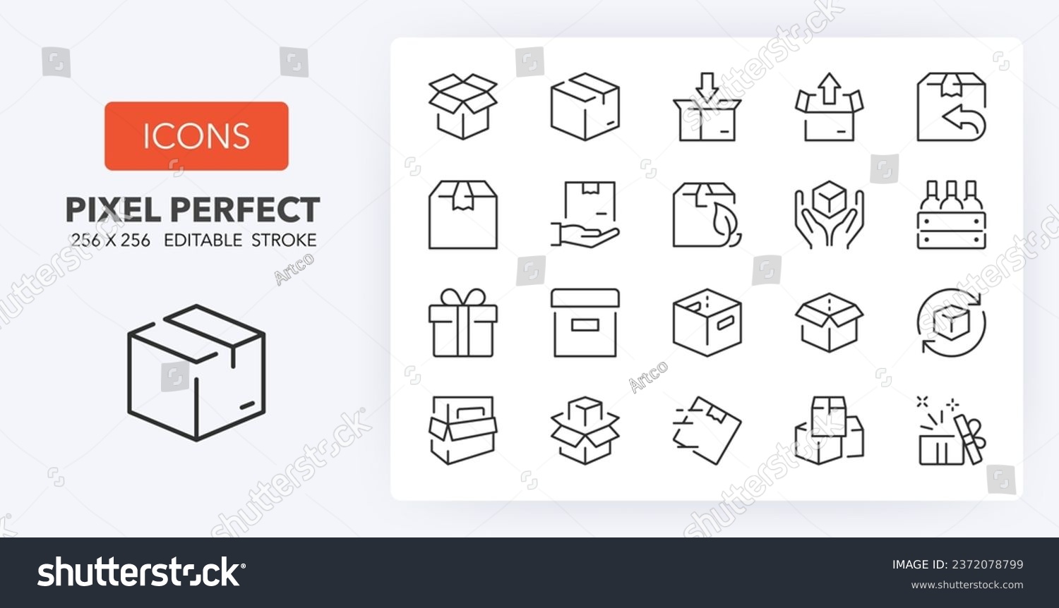 Delivery boxes and package, thin line icon set. Outline symbol collection. Editable vector stroke. 256x256 Pixel Perfect scalable to 128px, 64px... #2372078799