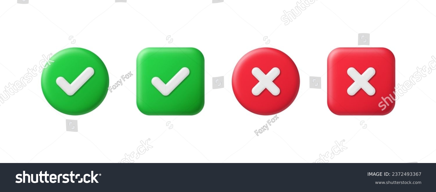 Right and wrong 3D buttons. Tick cross, red and green glossy round and square checklist icons. Check mark acceptance, X rejection button. 3d realistic vector set. Positive and negative choice #2372493367