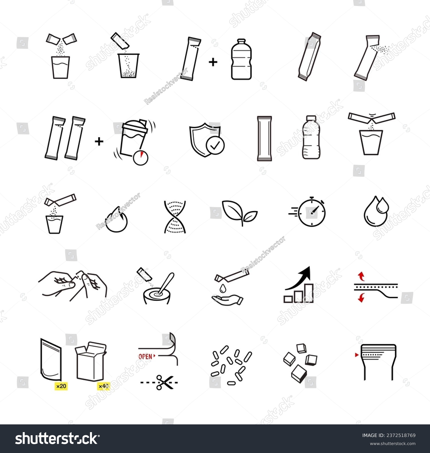 Icons of stick package bag set with samples, preparation instructions. Vector elements for infographics. Set of sign for detailed guideline. Ready for your design. EPS10. #2372518769