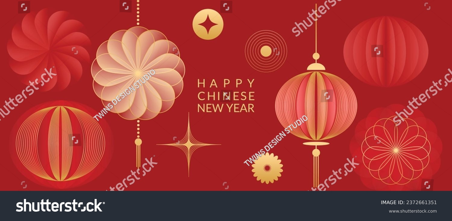 Happy Chinese new year background vector. Year of the dragon design wallpaper with Chinese pattern, gold hanging lantern. Modern luxury oriental illustration for cover, banner, website, decor. #2372661351