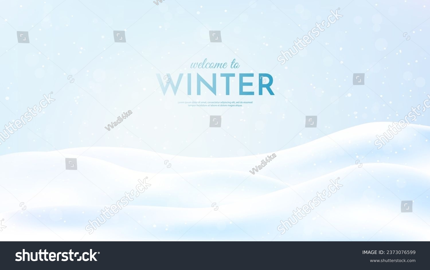Vector illustration. Flat landscape. Snowy background. Snowdrifts. Snowfall. Clear blue sky. Blizzard. Cartoon wallpaper. Cold weather. Winter season.  Empty template design with copy space #2373076599