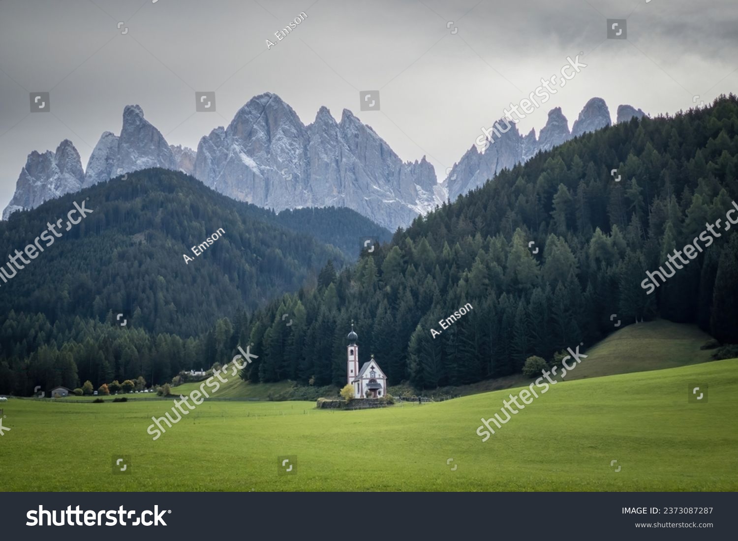 St. John's Chapel in Ranui, Santa Maddalena, Funes Valley, South Tyrol, Italy in front of Odles group mountains (germ. Geislergruppe) #2373087287