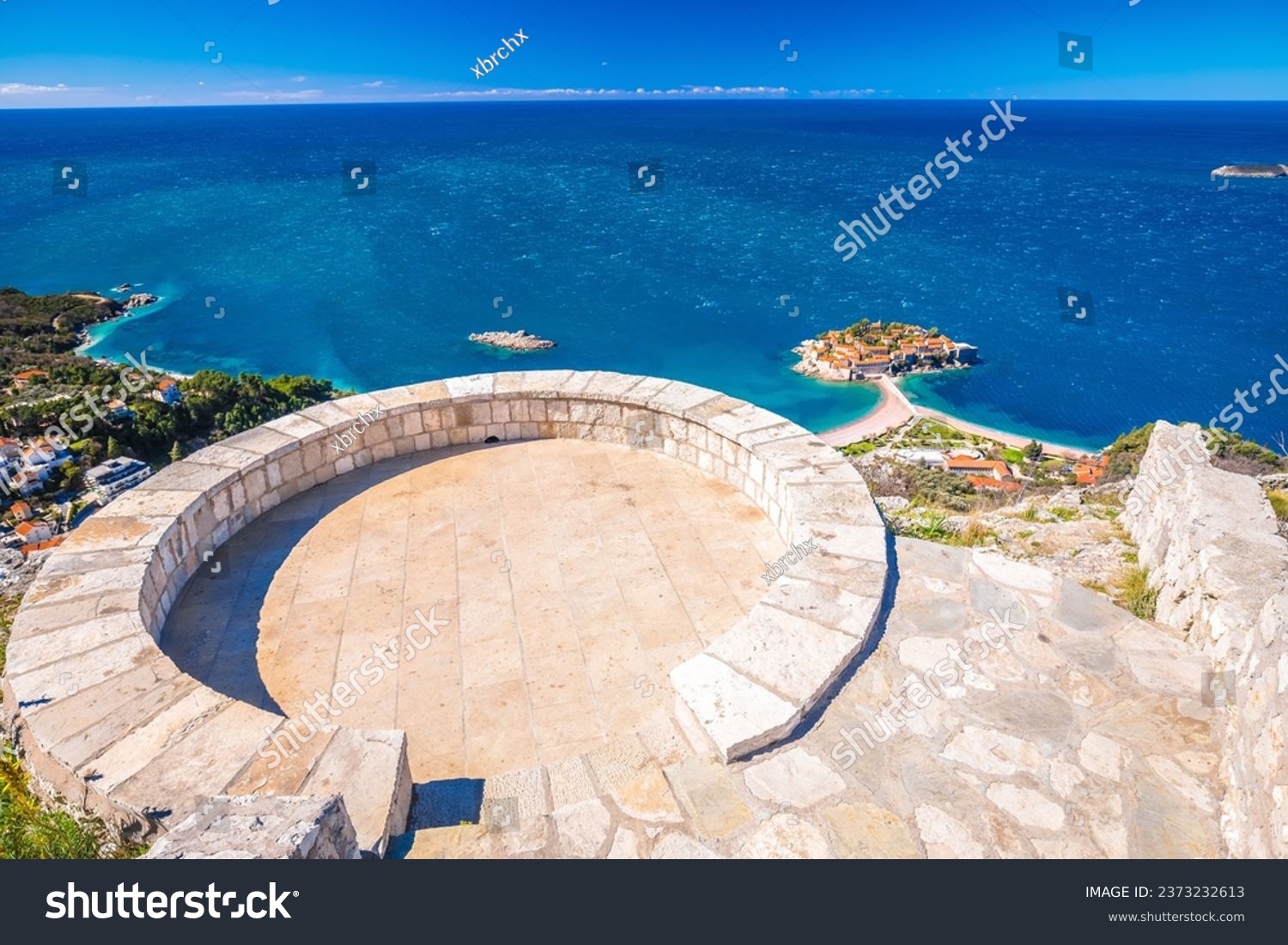 Sveti Stefan historic island village and waterfront view from viewpoint, archipelago of Montenegro #2373232613