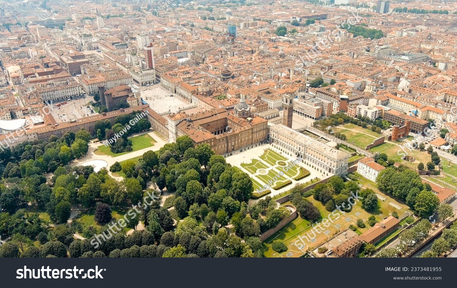 Turin, Italy. Complex of buildings of the Royal Palace in Turin. Panorama of the historical city center. Summer day, Aerial View   #2373481955