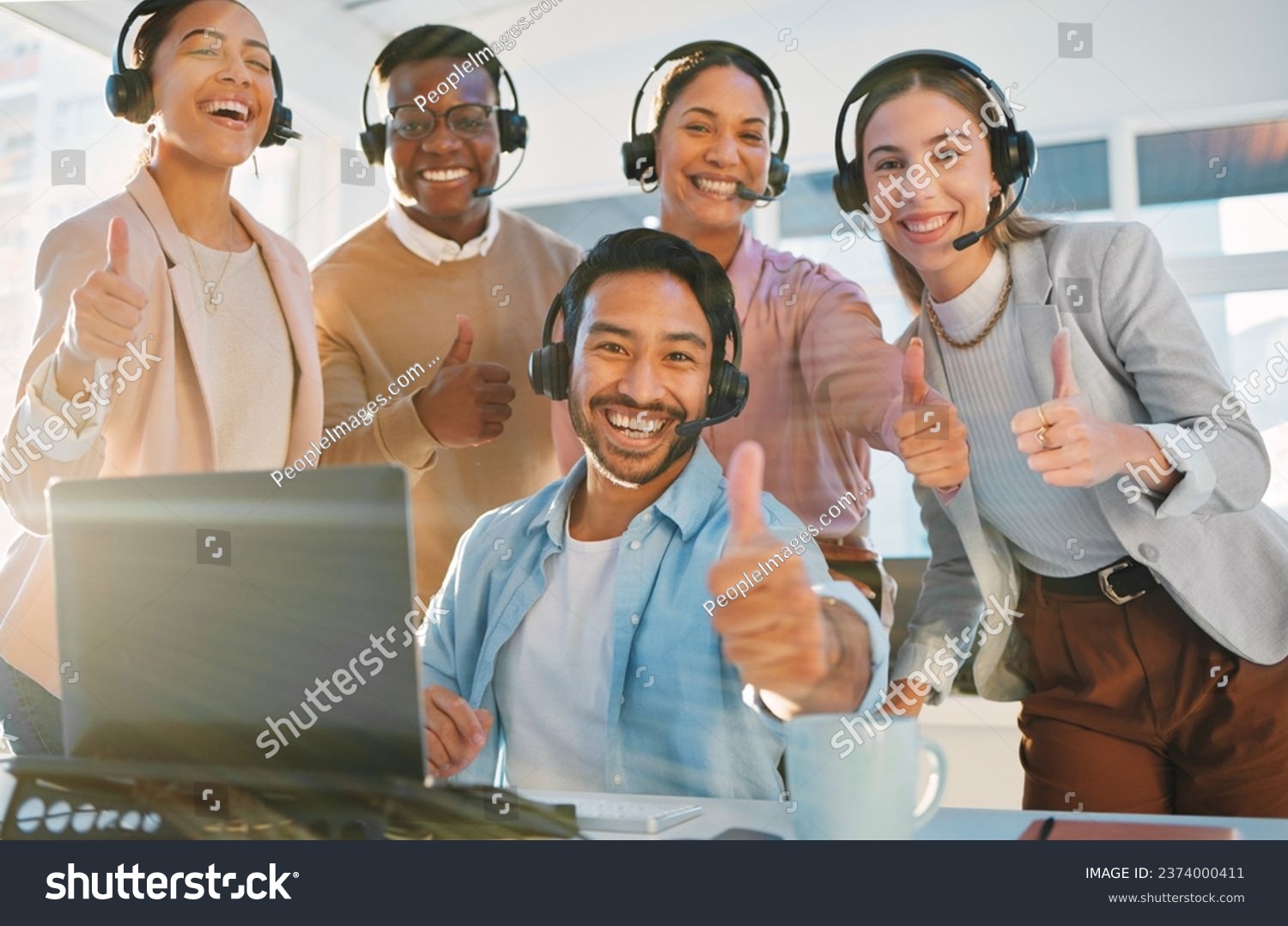 Teamwork, portrait and call center people with thumbs up, contact us with headphones and help desk. Consultant group with hand gesture, diversity and customer service with support, trust and advice #2374000411