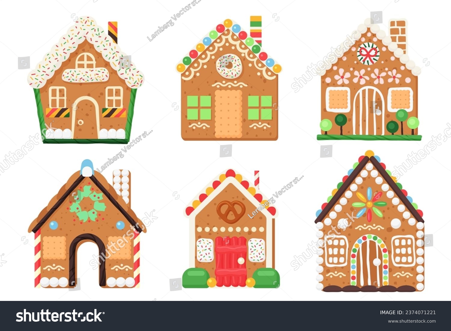 Vector illustration of gingerbread houses. Cartoon baked town buildings with candy, sugar icing snowflakes, and chocolate decorations on windows and doors. #2374071221
