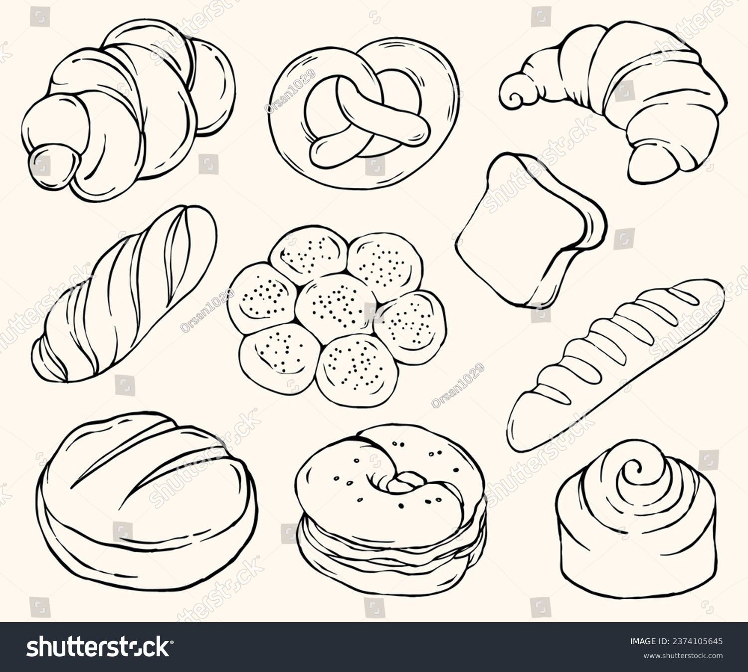 Baked Bread Hand-drawn Illustration Set: French Bread, Bagel, German Pretzel, Cinnamon Roll, Challah Bread, Country Loaf, Japanese Milk Toast, Croissant, Vienna Bread, Artisan Loaves #2374105645