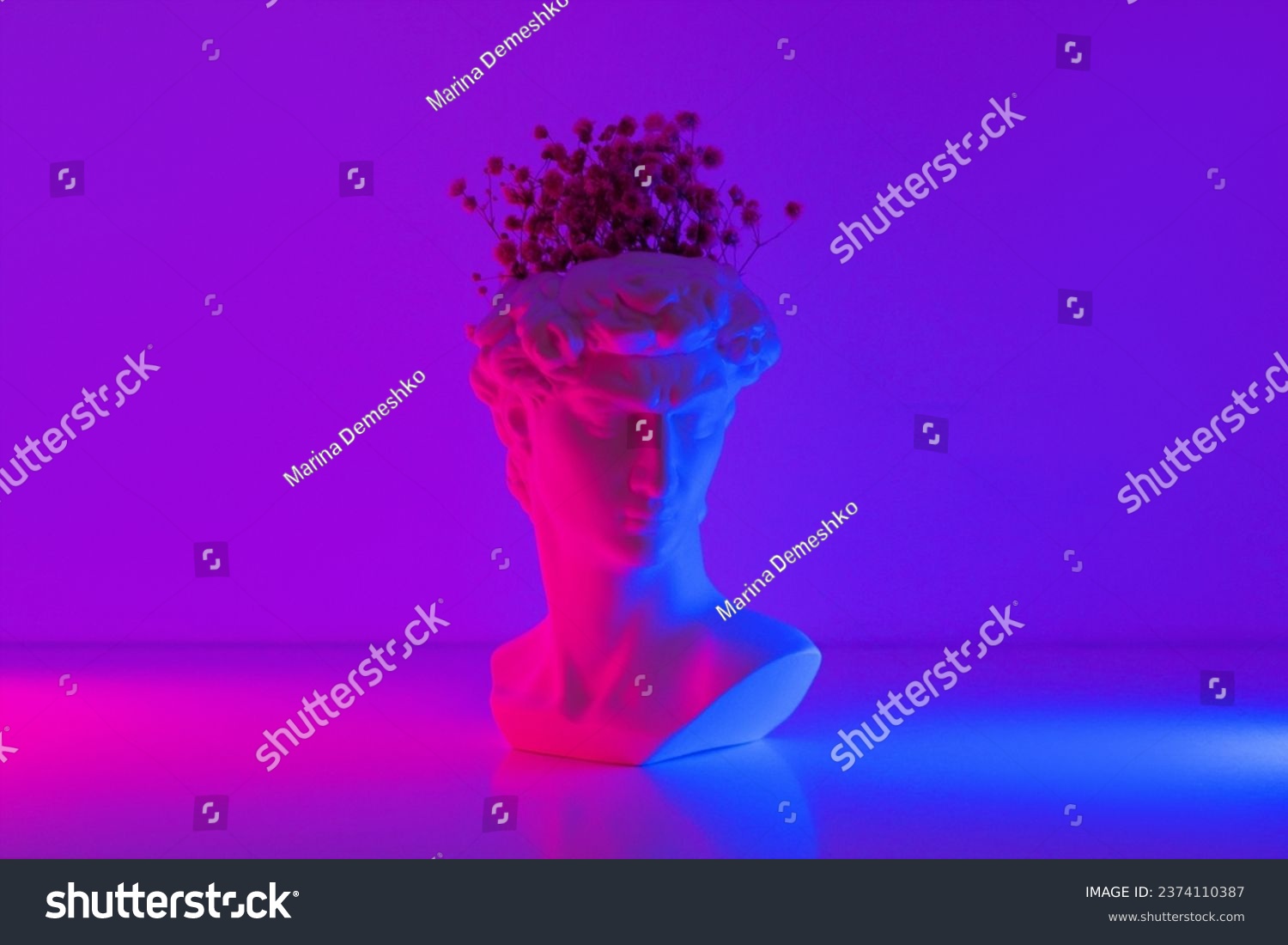 Plaster antique David's statue head with flowers inside pink and blue colored neon light. 3d trendy collage in magazine style. Contemporary art. Modern creative design #2374110387