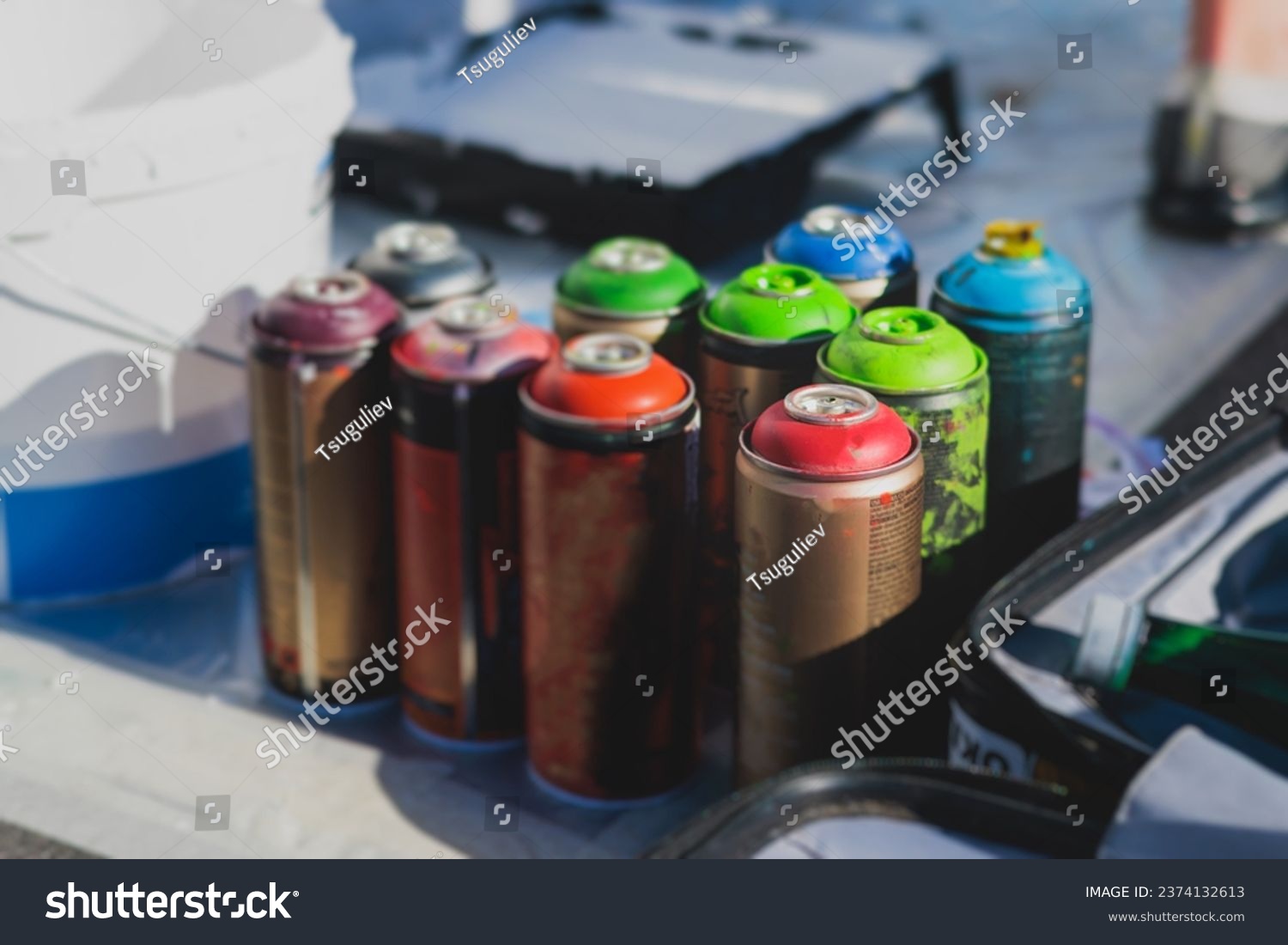 Equipment set for street art, spray cans bottles with aerosol spray paint, creating graffiti and mural on the walls, with paint can, brush, roller, street artist kit for stencil murals and grafiti #2374132613