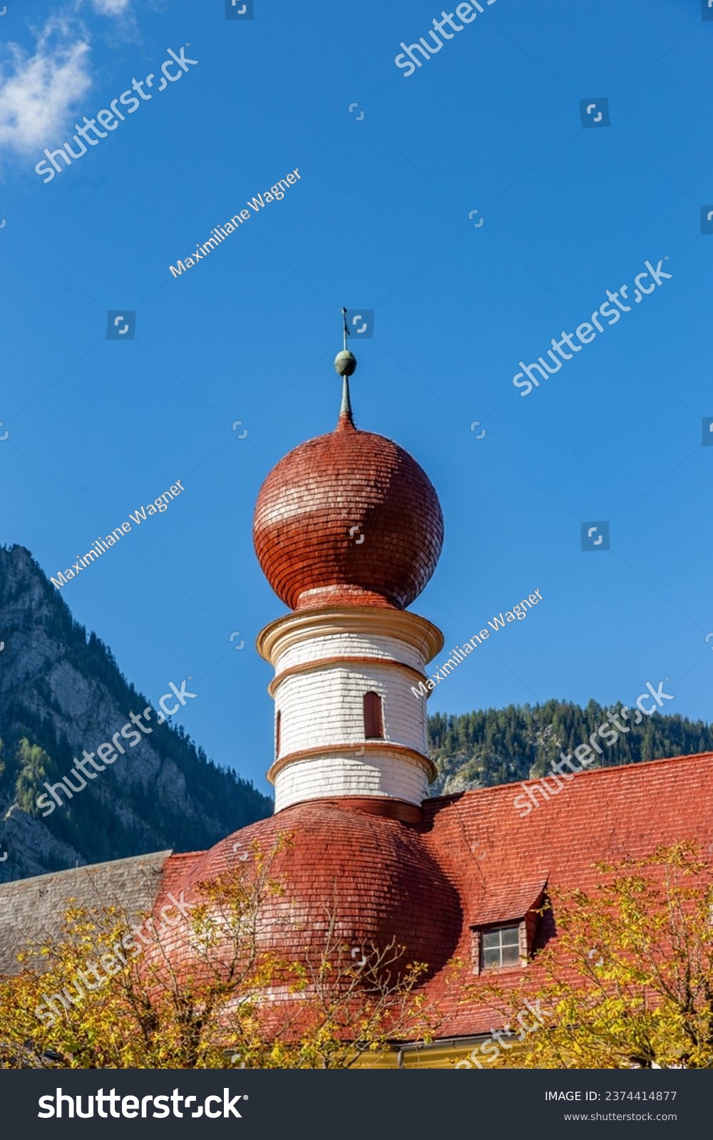 Close-Up of Tower of Church Sankt Bartholomae on the shore of Lake Königssee, Germany, Europe #2374414877
