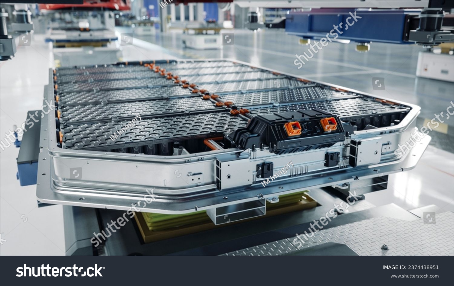 Generic EV Battery Pack on Electric Car Production Line inside Modern Factory. High Capacity Battery for Automotive Industry. Lithium-ion High-voltage Battery for Electric Vehicle or Hybrid Car. #2374438951
