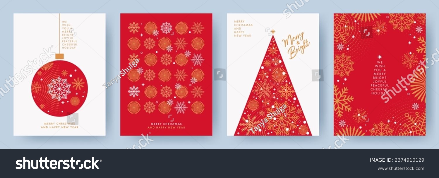 Merry Christmas and Happy New Year Set of greeting cards, posters, holiday covers. Xmas Design with beautiful snowflakes in modern line art style on red background. Christmas tree, border frame, decor #2374910129