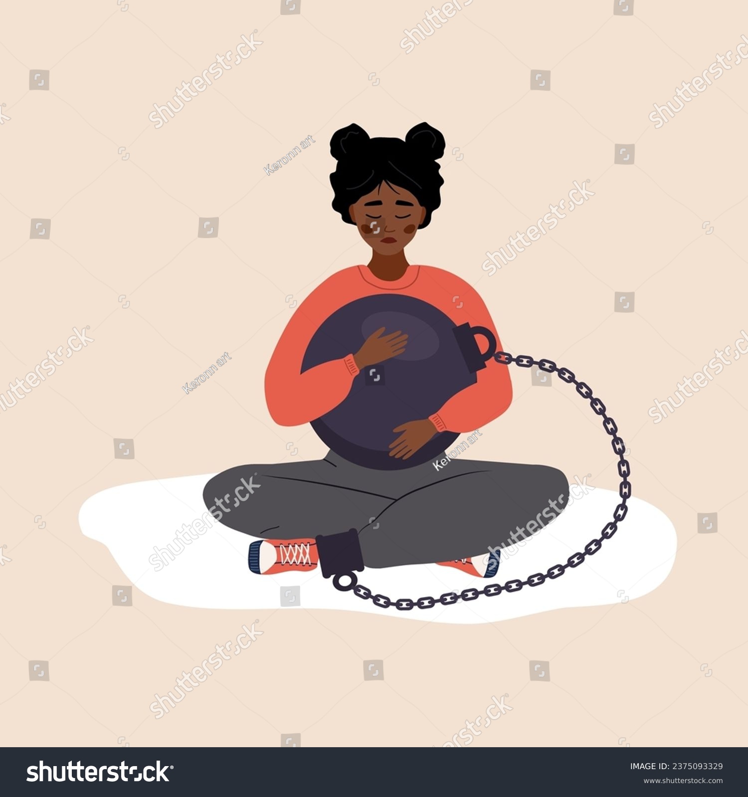 Self flagellation. Sad african woman hugging heavy wrecking ball and feeling guilty. Concept of psychological self-harm, criticism, judgment. Mental problems. Vector illustration in cartoon style. #2375093329
