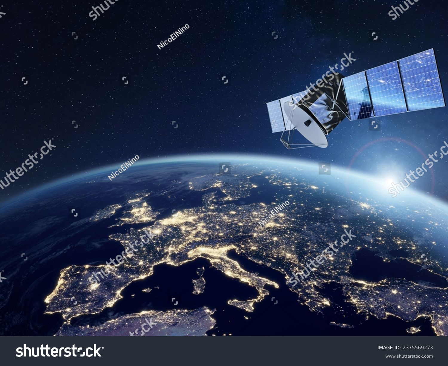 Telecommunication satellite providing global internet network and high speed data communication above Europe. Satellite in space, low Earth orbit. Worldwide communication technology. #2375569273