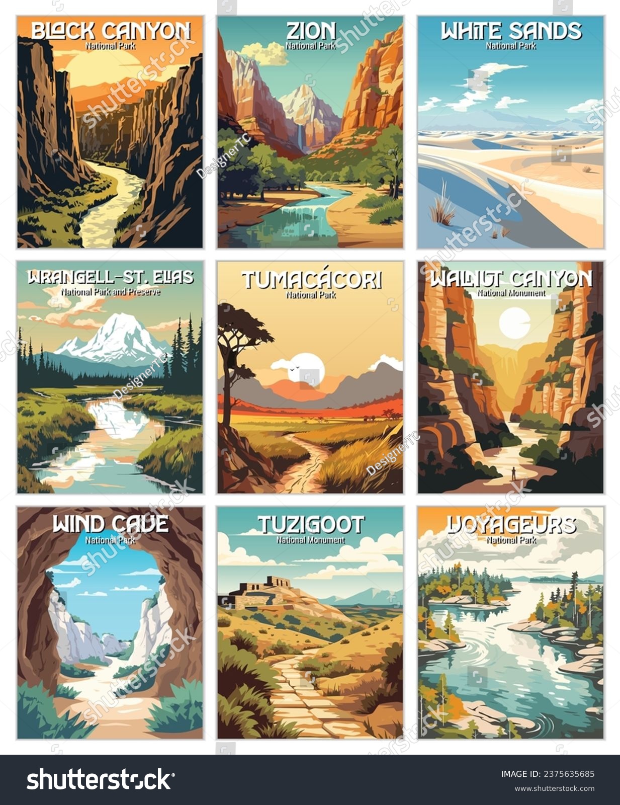 Set of 9 Vector Art of National Park. Black canyon, zion, white sands, wrangell-st.elias, tumacácori, walnut canyon, wind cave, tuzigoot, voyageurs. Template for banner poster. #2375635685