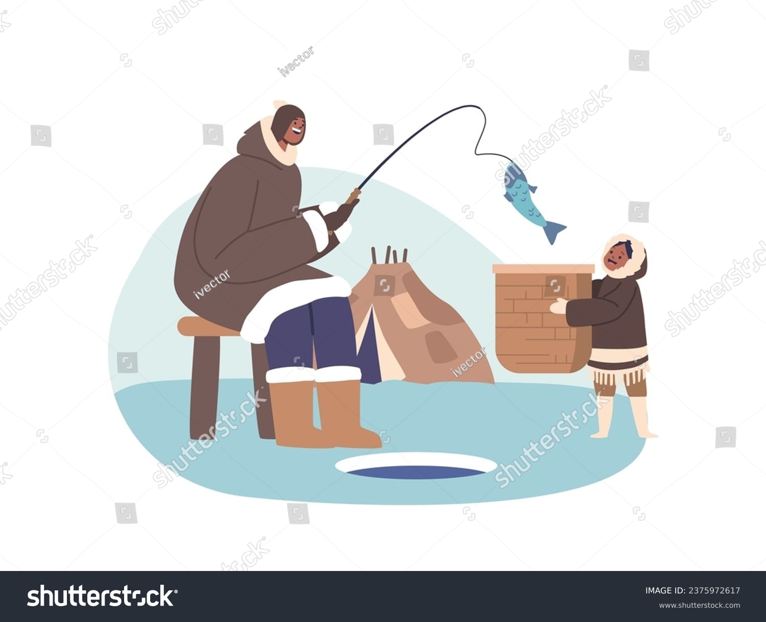 Eskimo Parent And Child Characters Engage In Fishing Together, Passing Down Traditional Skills And Knowledge, Vector #2375972617