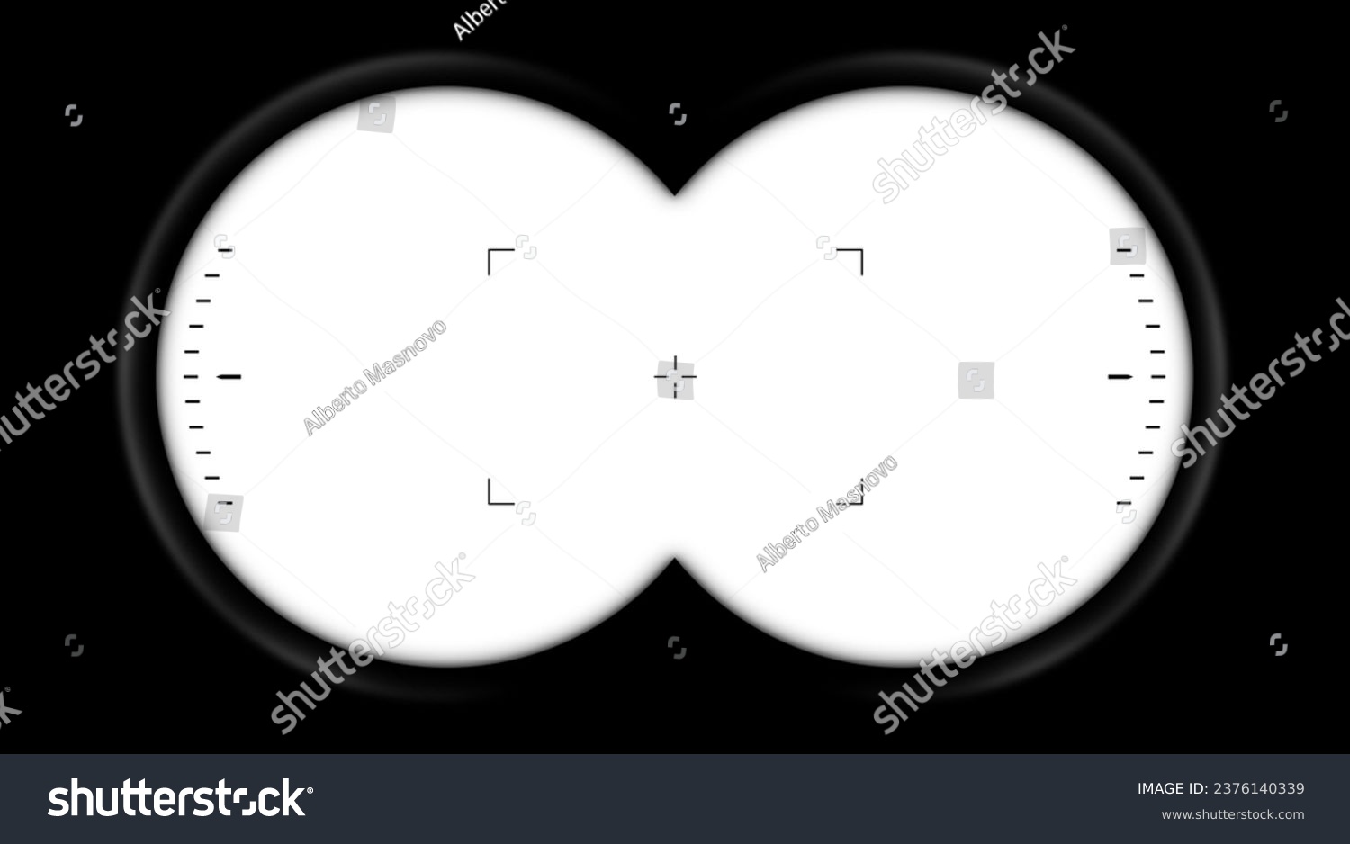 Binoculars point of view with viewfinder (looking through binoculars) isolated on white background, template for your landscapes. #2376140339