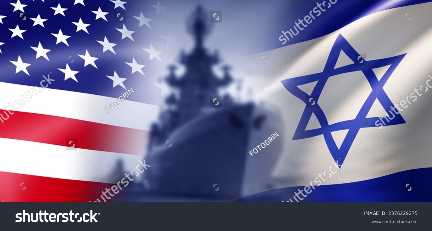 Flag of Israel. US navy. Warship near Israeli banner. Concept of arrival of aircraft carriers from US to Persian gulf. US military support for Israel. Warship from America or Israel.  #2376229275