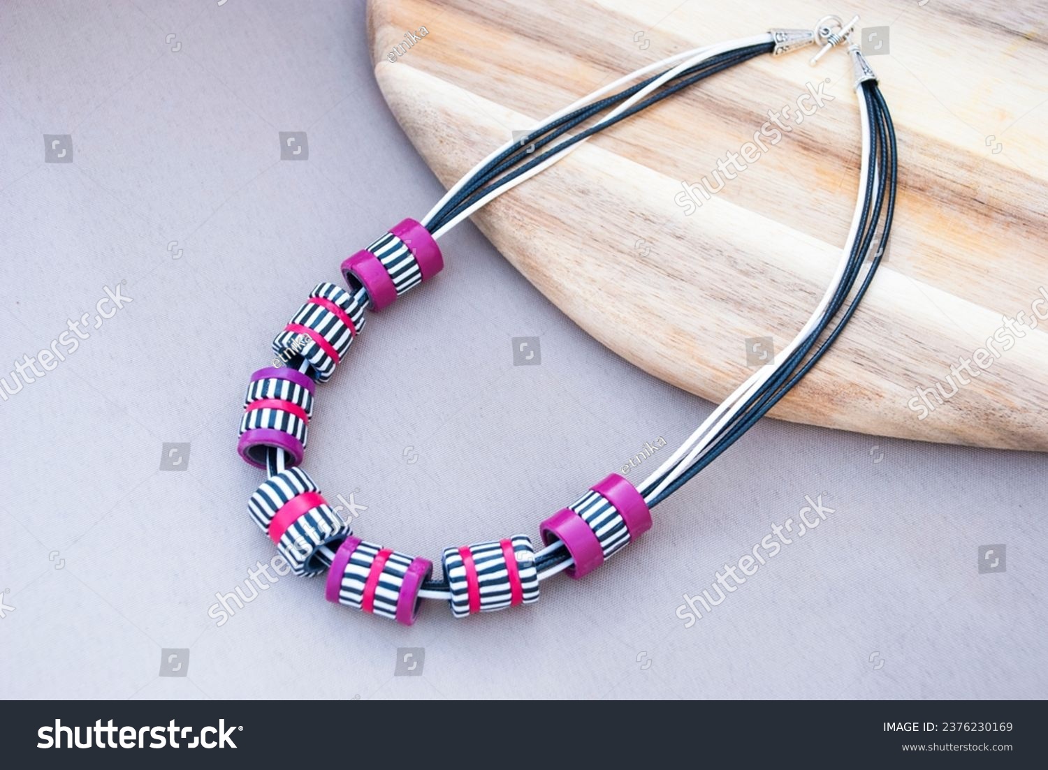 Striped black and white necklace of polymer clay. Handmade jewelry. #2376230169