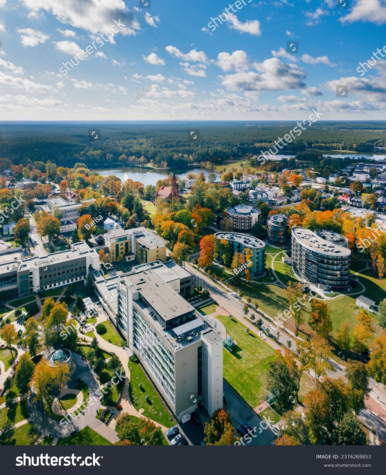 Druskininkai in autumn colours, drone picture of multi coloured trees in most beautiful city of Druskininkai in Lithuania #2376269853
