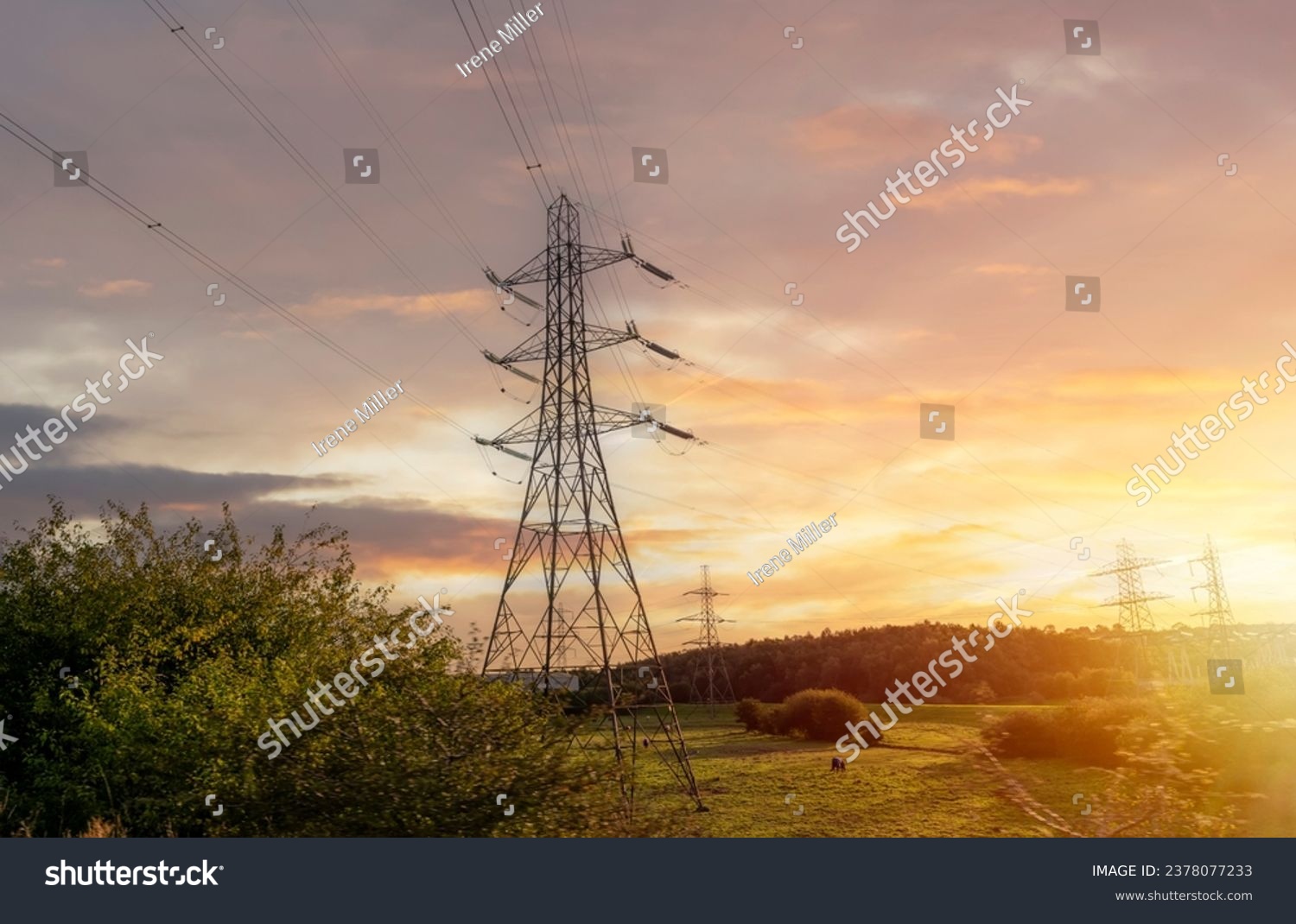 High voltage electric tower line pylon for distribution of electricity from powerstations to customers through national power grid #2378077233