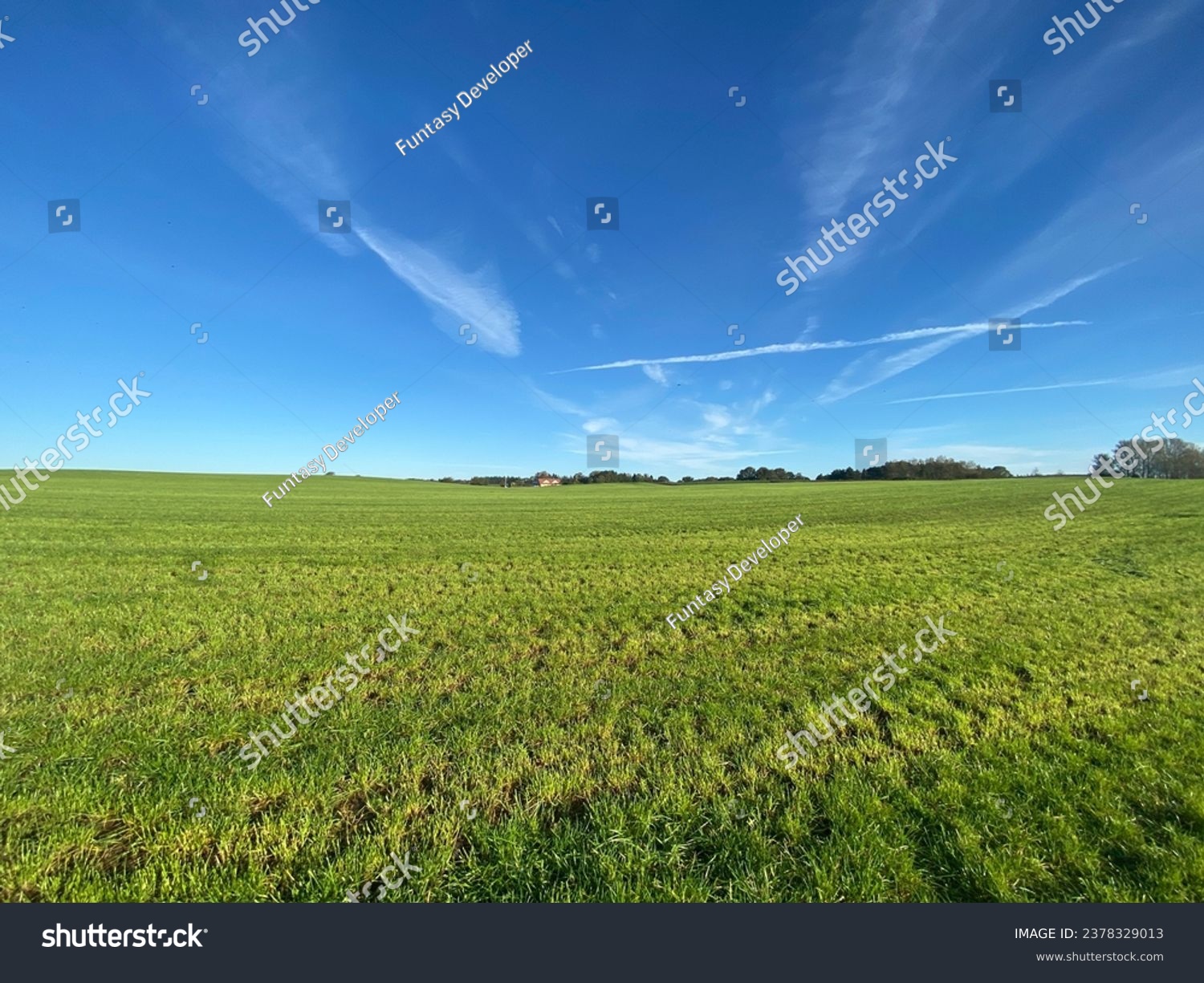 Beautiful aView of Denmark Countryside with the grass, trees blue sky and shining sun #2378329013