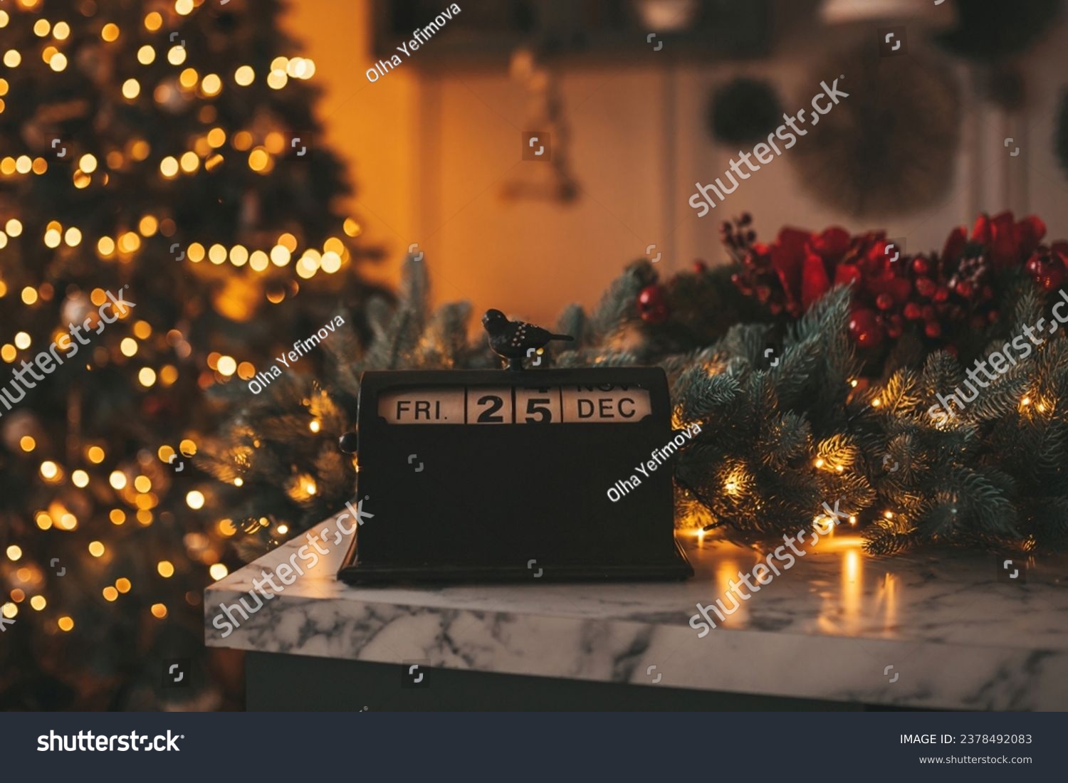Merry christmas day 25 december eve event fairytale vibes. Sparkling bokeh garland shiny glister twinkle lights Noel tree decorations wooden cube calendar festive candles winter holidays spirit Xmas #2378492083