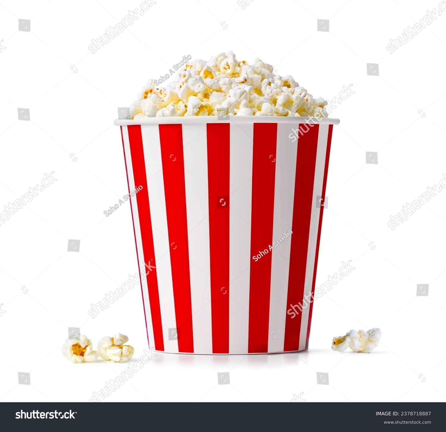 Popcorn in red and white striped bucket isolated on a white background #2378718887