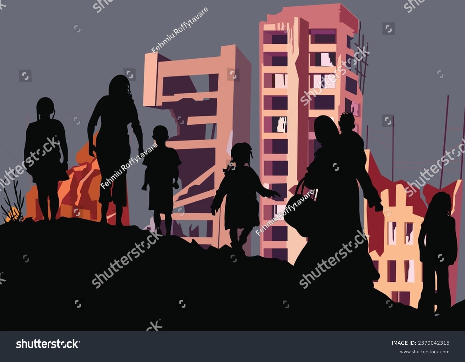 Silhouettes of children on a hill against a backdrop of buildings destroyed by missile attacks after the war. Family and people refugees after Palestine and Israel conflict #2379042315