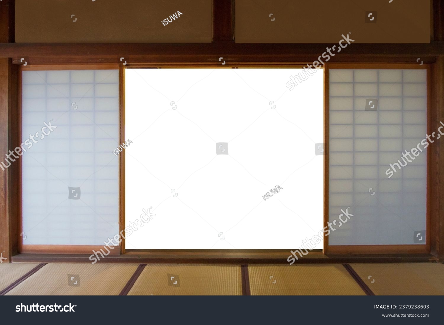 View from the door of an ancient Japanese house and tatami mat. There is a white blackground in the middle #2379238603