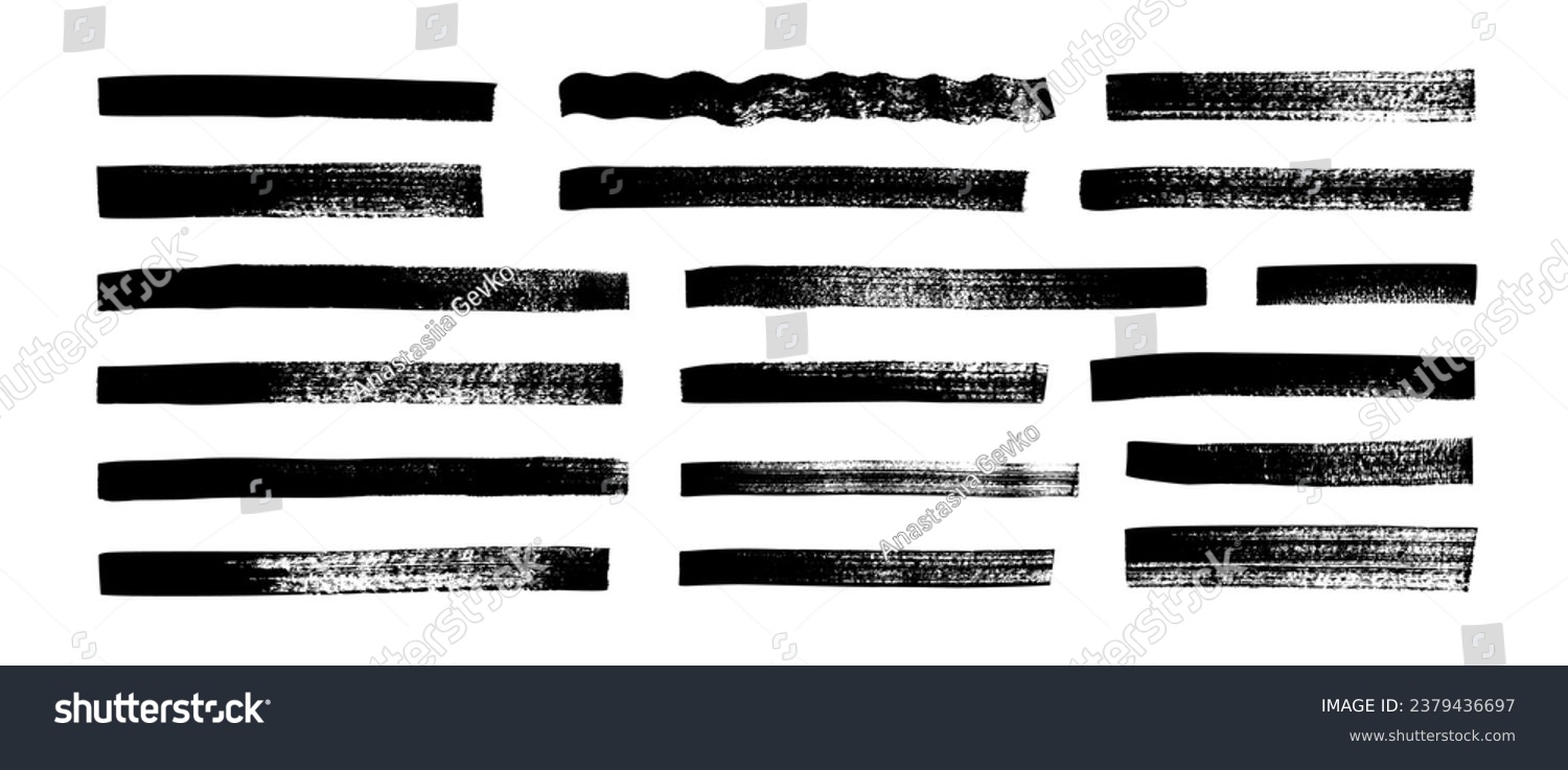 Black highlighter bold horizontal lines set. Brush drawn vector stripes with dry brush texture. Grunge marker highlight underline strokes. Scribble charcoal thick long isolated lines. #2379436697
