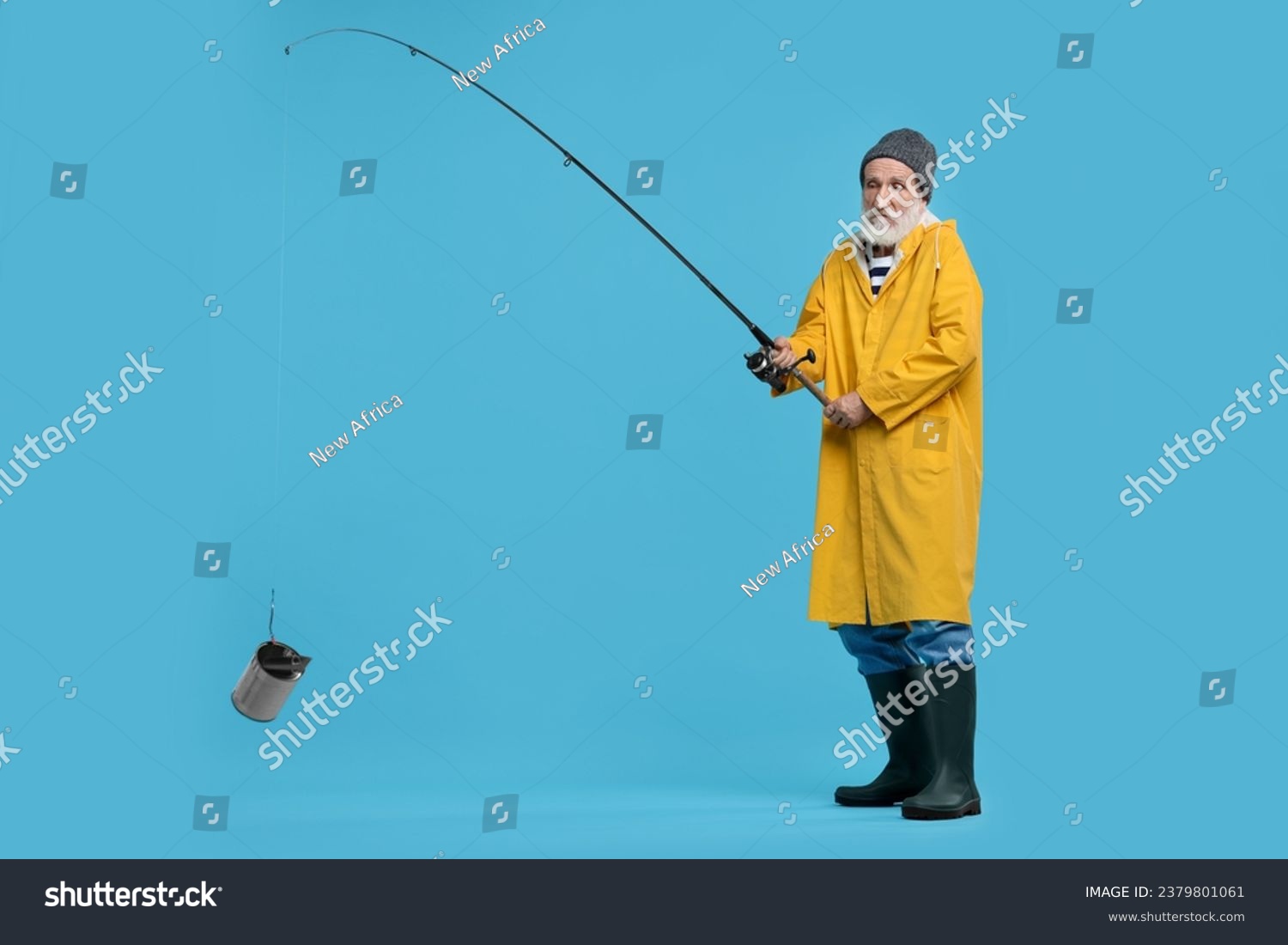 Fisherman with fishing rod and tin can on light blue background, space for text #2379801061