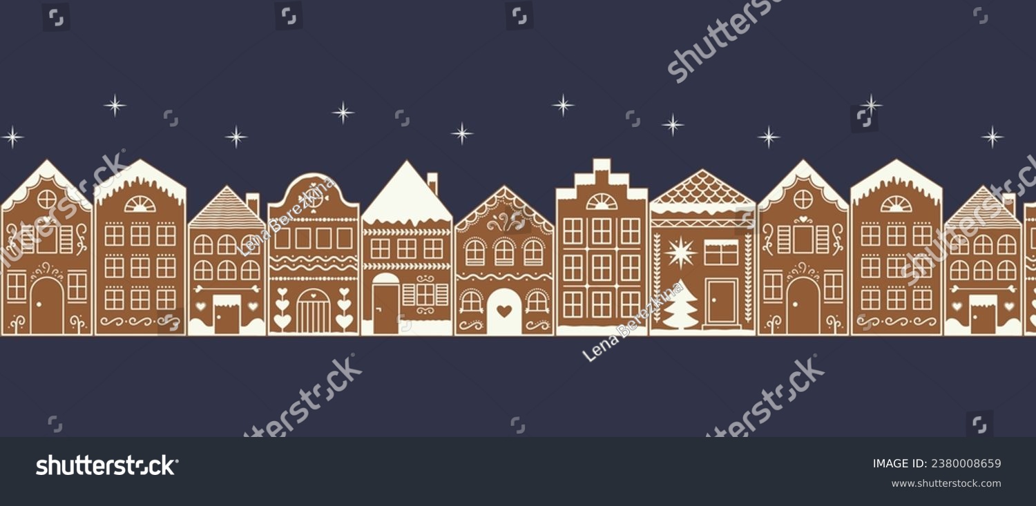 Night Cityscape Gingerbread Village seamless border. City houses street with stars pattern. Winter holiday Landscape. Vector illustration #2380008659