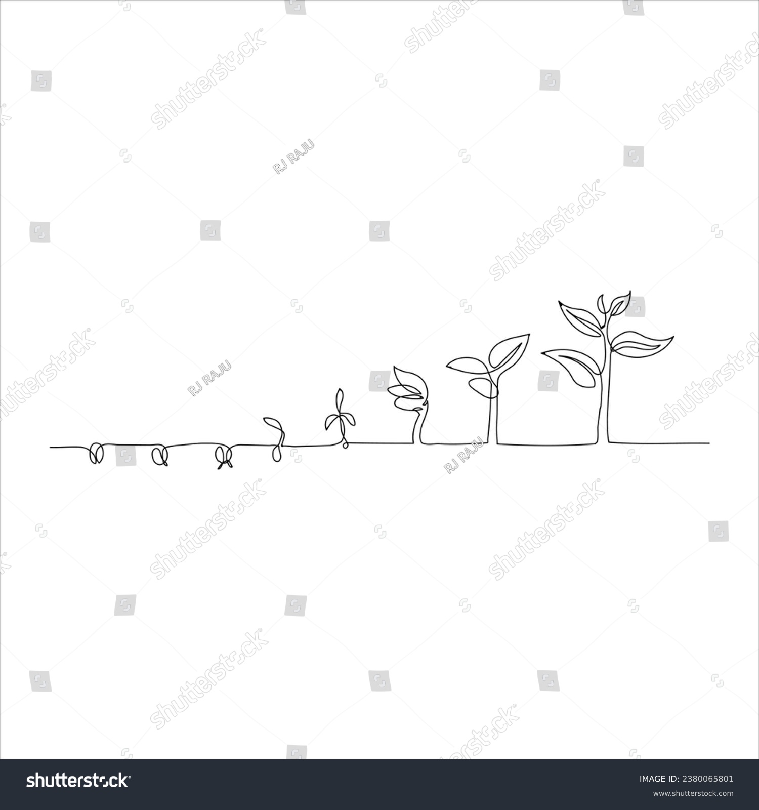 Continuous tree plant growing and seed maturation single line art vector outline illustration #2380065801