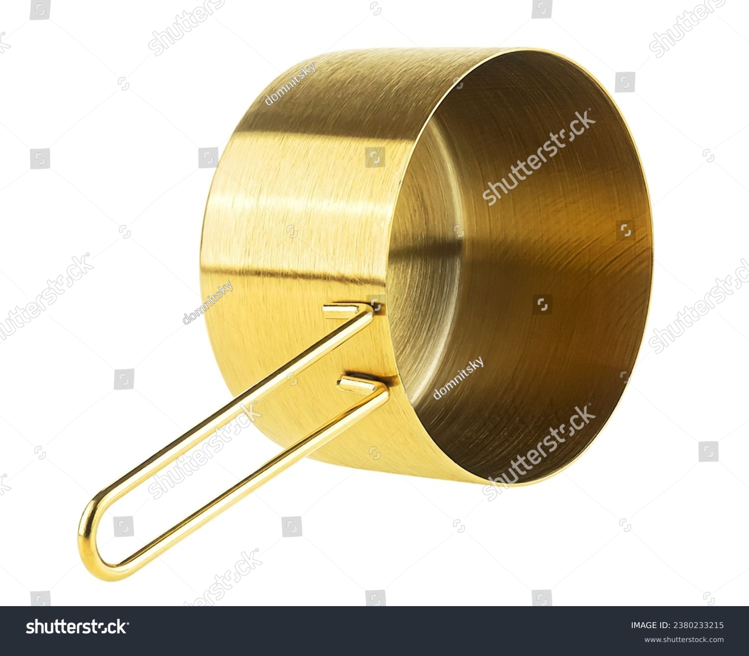 Empty golden saucepan isolated on a white background. Modern stainless steel pot. #2380233215