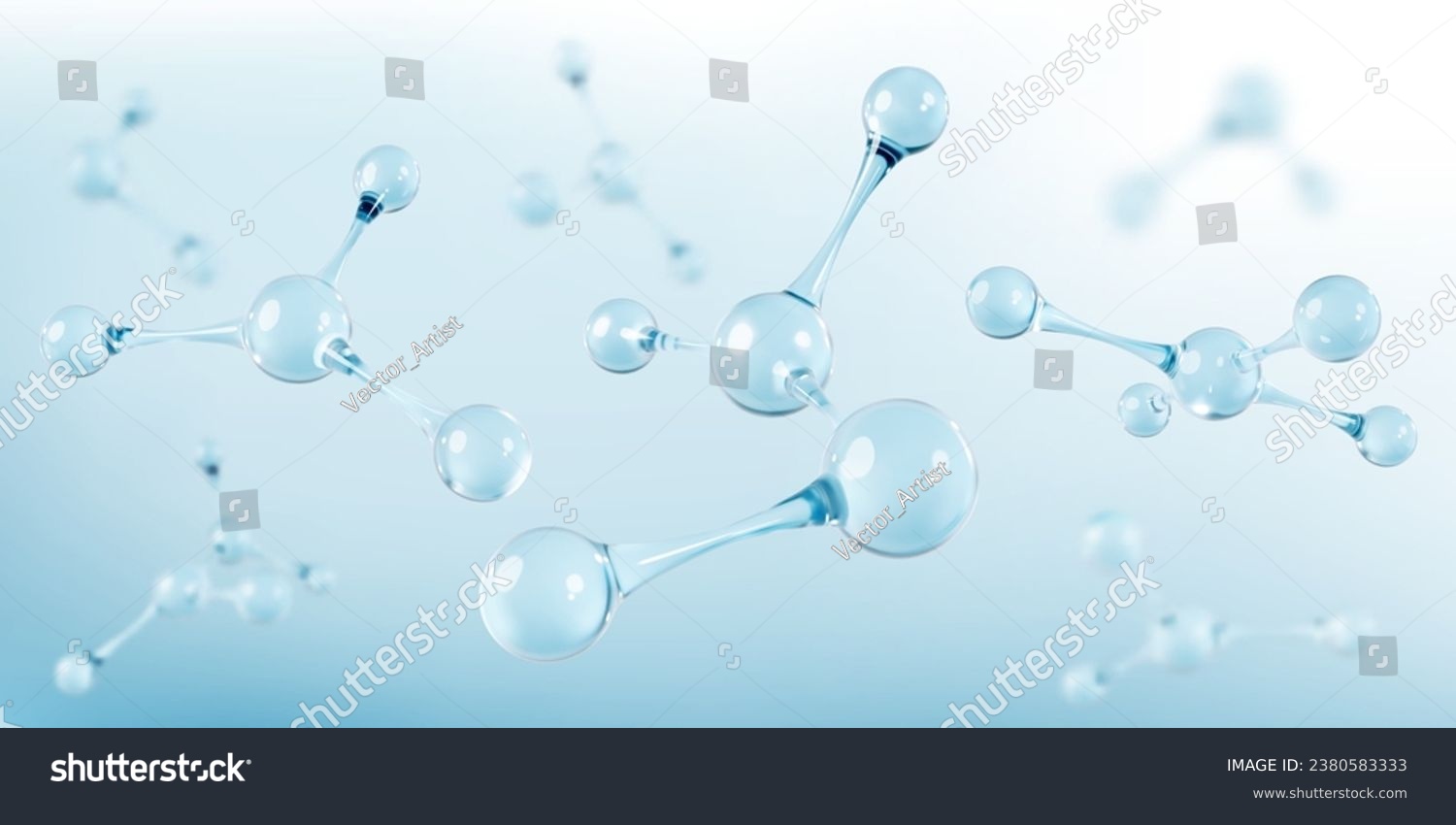 3D glass molecules or atoms on light blue background. Concept of biochemical, pharmaceutical, beauty, medical. Science or medical background. Vector 3d illustration #2380583333