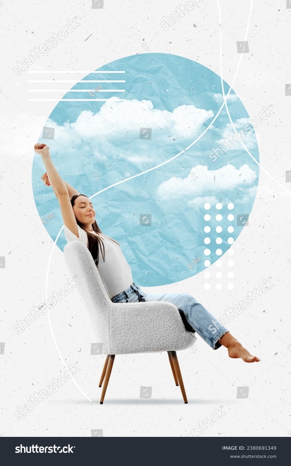 Vertical collage photo of happy girl sitting on chair isolated on white color background. Relaxing smiling woman #2380691349