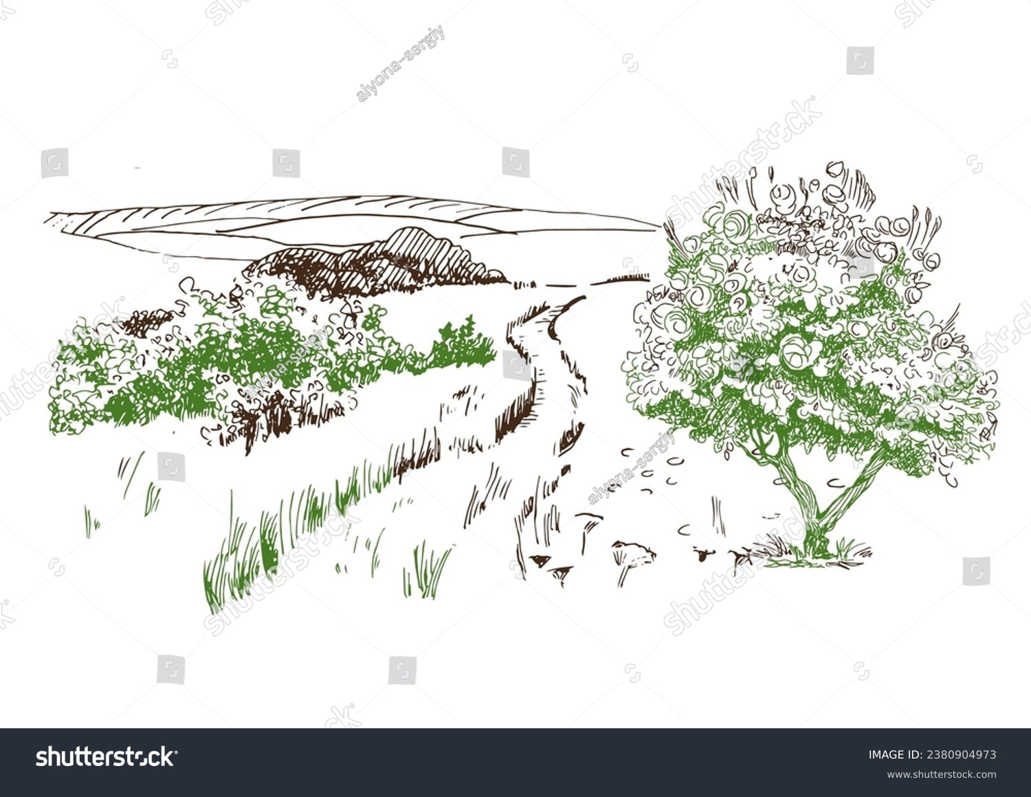 Green grass field on small hills. Meadow, alkali, lye, grassland, pommel, lea, pasturage, farm. Rural scenery landscape panorama of countryside pastures. Vector sketch illustration
 #2380904973