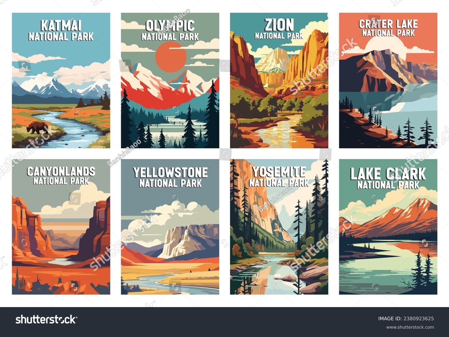 Set of National Parks Illustration Art. Katmai, Crater Lake, Yosemite, Zion, Yellowstone, Zion, Olympic, Lake Clark. #2380923625