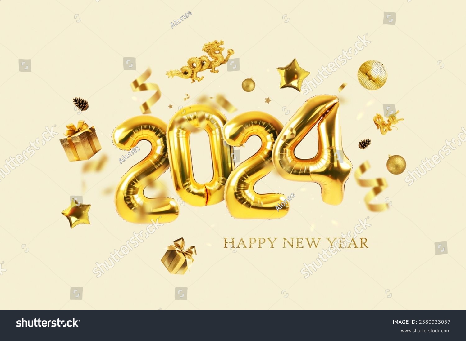 Gold balloons 2024 with confetti, gold mirrored - Royalty Free Stock ...