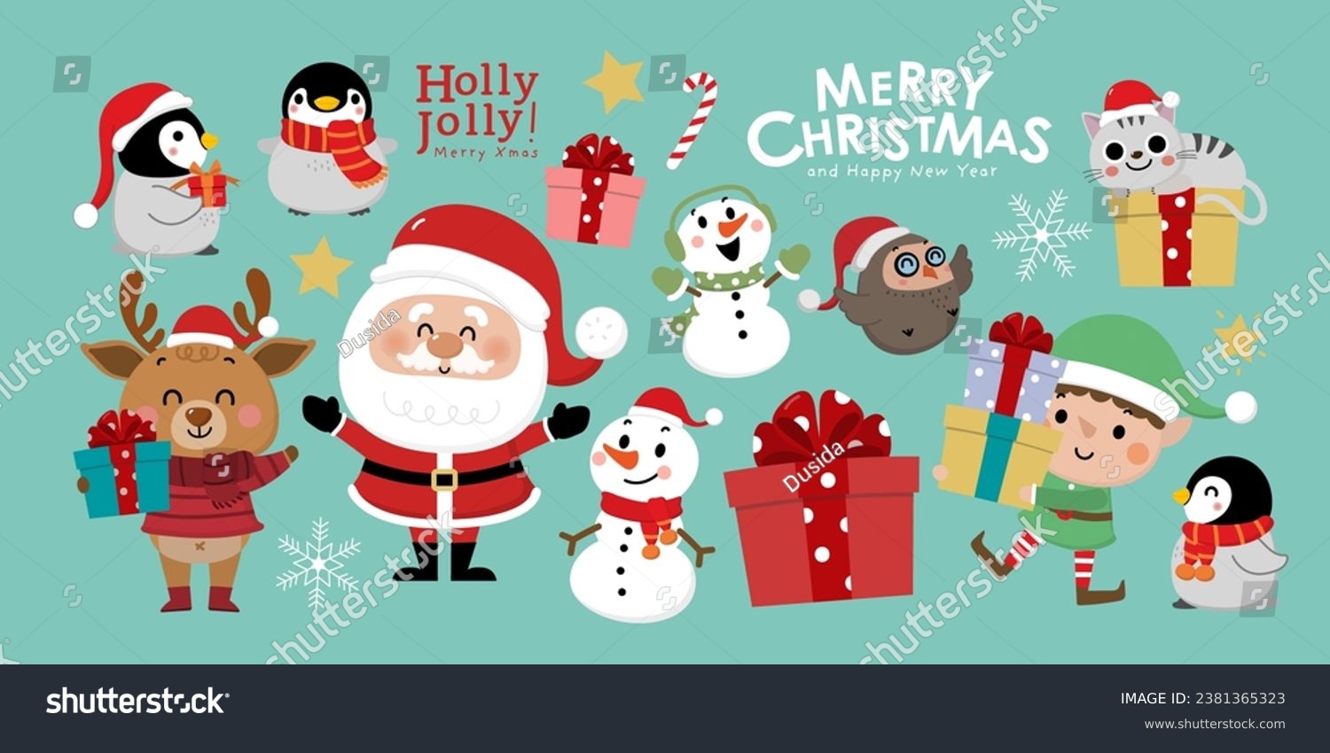 Santa Claus, deer, snowman, owl, penguin, elf, cat and xmas gift. Animal in winter costume and Christmas cartoon character. -Vector #2381365323