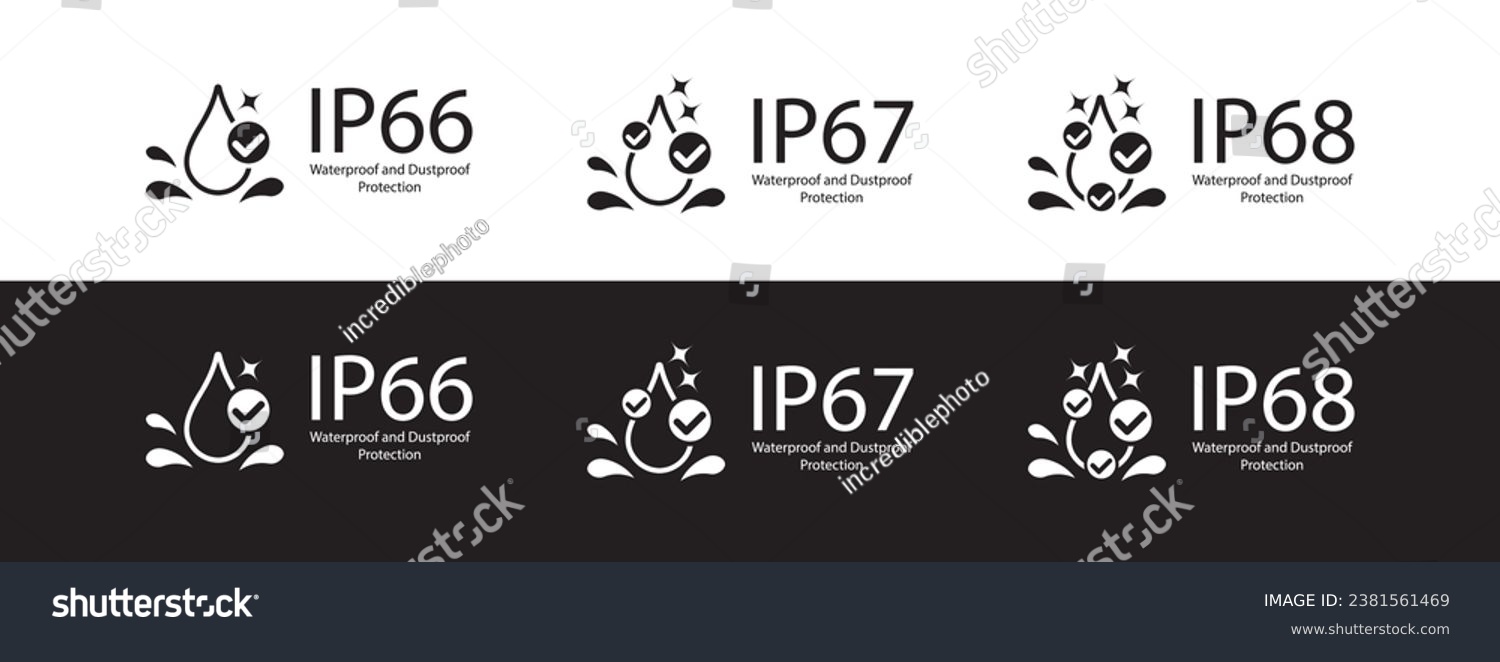 IP66, IP67 and IP68 Waterproof rating, water protective capability. Water and dust protection, water resistance level icon and symbol. Vector. #2381561469