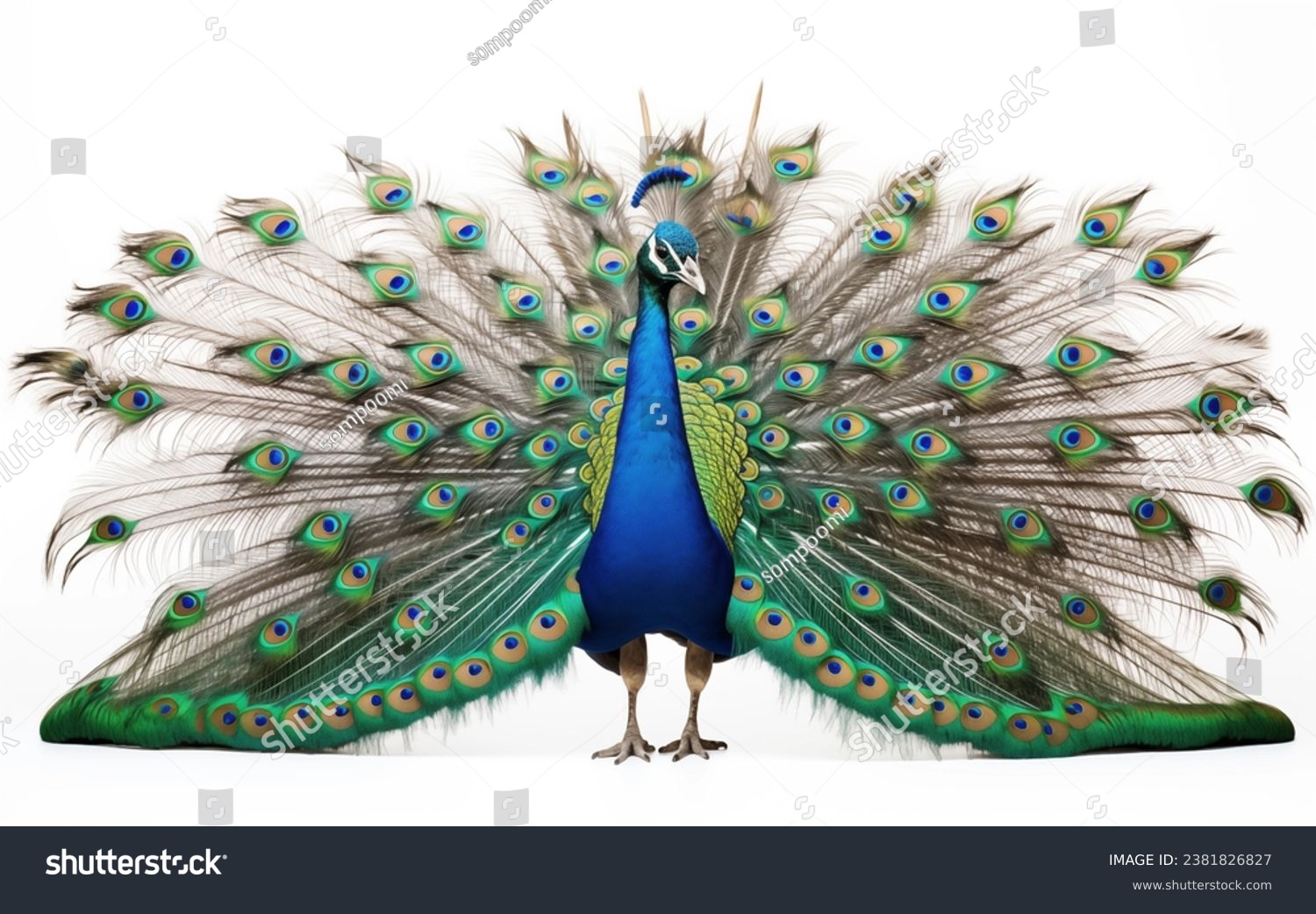 One peacock stands with beautiful feathers, isolated white background. #2381826827