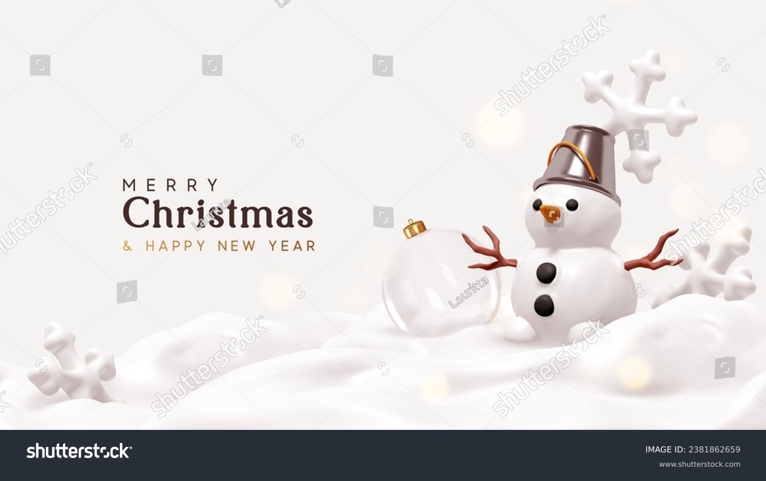 Christmas snowman with silver bucket on his head. Snowman in snow with white snowflakes. Realistic 3d cartoon style. Winter Christmas background. Vector illustration #2381862659