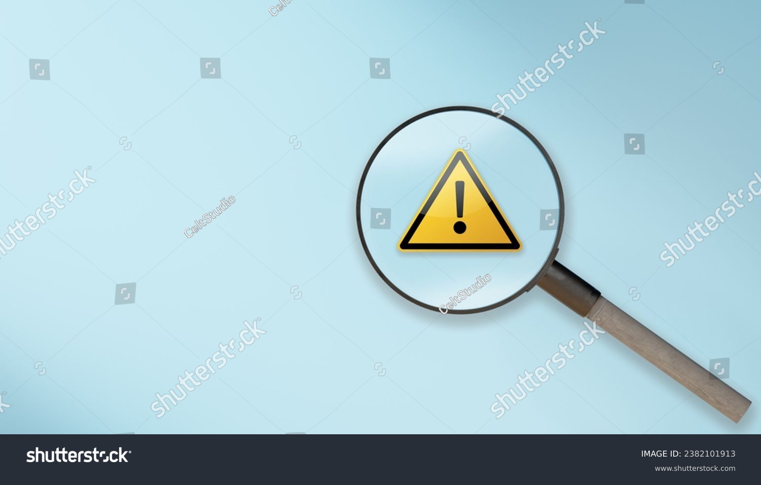 magnifier glass with yellow triangle caution warning sign for notification error and maintenance concept. magnifying glass and with exclamation attention sign. Root cause analysis or solving problem #2382101913