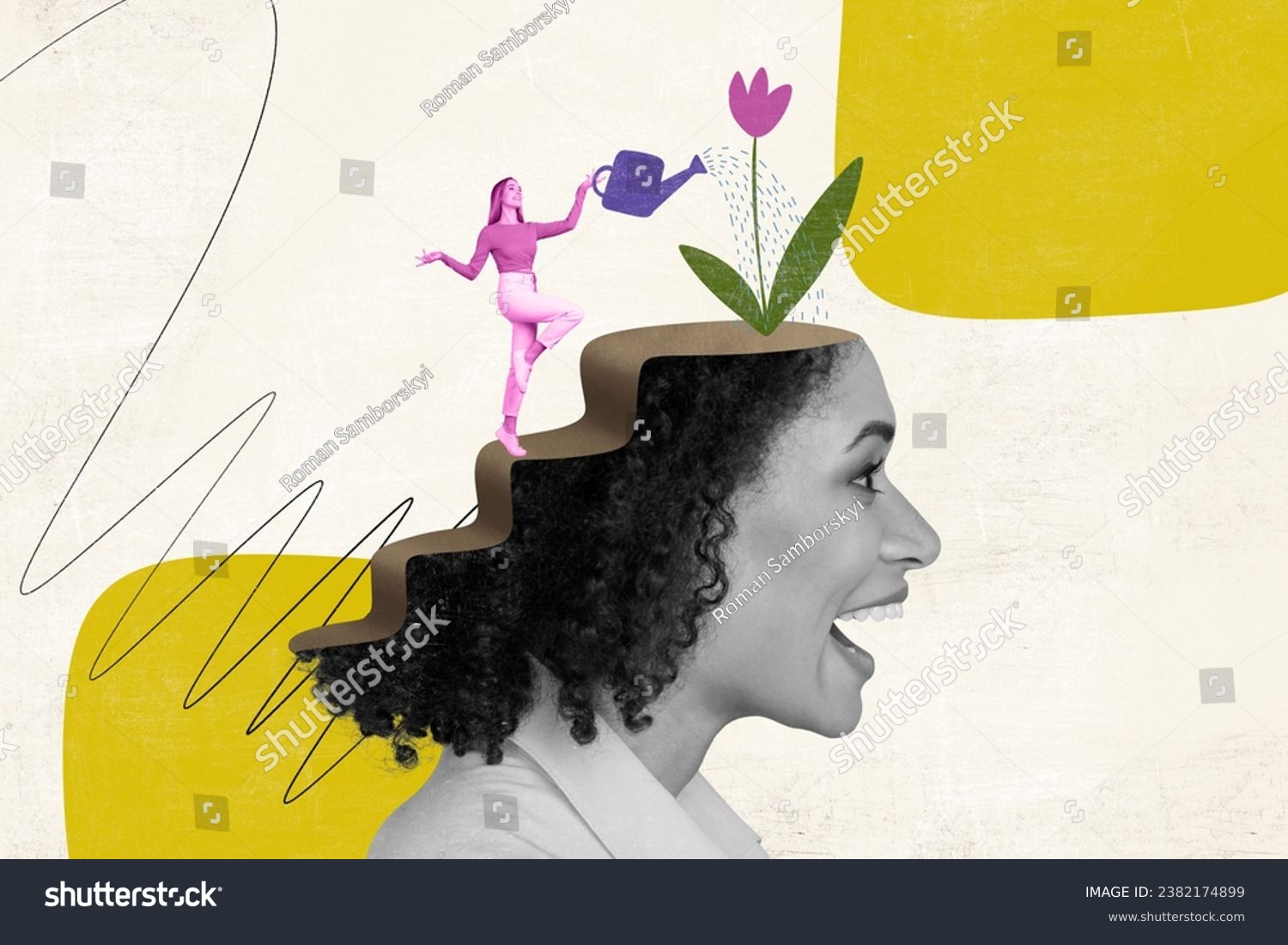 Collage artwork comics magazine of funky crazy woman with growing blooming tulip on her head isolated on painted background #2382174899