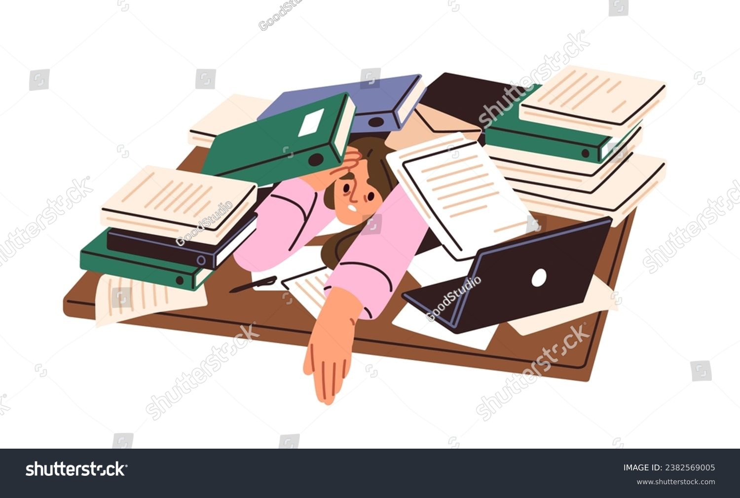 Busy tired employee on desk under many papers, overloaded with documents. Excessive workload, business burden, paperwork, overwork concept. Flat vector illustration isolated on white background #2382569005