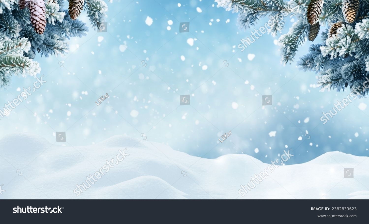 Beautiful landscape with snow covered fir trees and snowdrifts.Merry Christmas and happy New Year greeting background with copy-space.Winter fairytale.  #2382839623